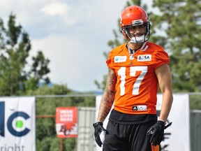 B.C. Lions receiver Nick Moore, pictured during training camp in Kamloops, says it 'feels great to be back where I started my career, to be with an organization I'm familiar with,' after spending two seasons in Winnipeg with the Blue Bombers.