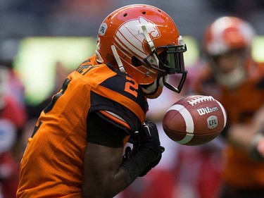 B.C. Lions' Chris Rainey fails to make the catch off a Calgary Stampeders kick during the first half of a pre-season CFL football game in Vancouver, B.C., on Friday June 17, 2016. Rainey fumbled the ball but B.C. retained possession due to a Calgary penalty. THE CANADIAN PRESS/Darryl Dyck ORG XMIT: VCRD117
