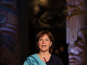 Premier Christy Clark makes an announcement regarding ancestral remains and belongings of cultural significance during a ceremony at the Royal B.C. Museum in Victoria, B.C., Tuesday, June 21, 2016.