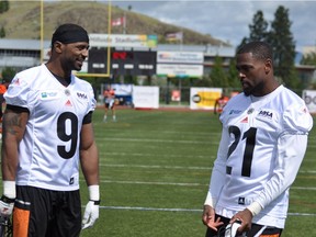 Defensive backs Brandon Stewart (left) and Ryan Phillips, both of whom are Seattle natives, at B.C. Lions training camp in Kamloops this week.