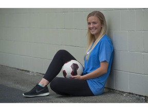 Emma Peckinpaugh has battled back from a knee injury to earn a spot next season with the defending CIS national champion UBC Thunderbirds women's soccer team. Peckinpaugh is pictured at Burnsview Secondary school in Delta.