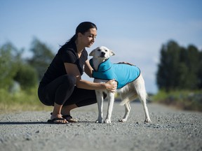 Sara Leibl ( L ) puts a K9 Guard protective jacket, a puncture proof jacket made of kevlar, on Maddi ( R ) Delta,  June 15 2016.