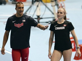 United States decathlete Ashton Eaton with his wife, Canadian heptathlete Brianne Theisen-Eaton, at the 2014 Athletics Indoor World Championships in Sopot, Poland.