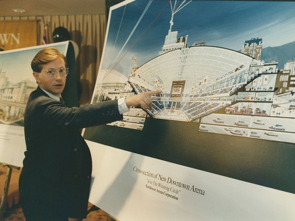 Arthur Griffiths with plans for a new downtown arena for the Vancouver Canucks in September 1992.