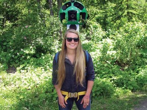 The Street View Trekker technology was demonstrated at Forests for the World on Monday afternoon. Tasha Peterson, from Northern B.C. Tourism, wears the 40 pound device in a backpack that will be touring all over B.C. for the next 100 days.