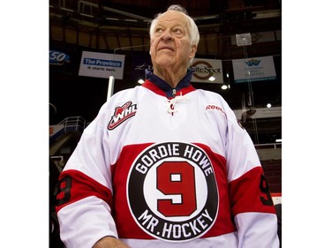 In this Feb. 2, 2013, file photo, hockey great Gordie Howe, part owner of the Western Hockey League's Vancouver Giants, looks on during a team news conference in Vancouver, British Columbia.