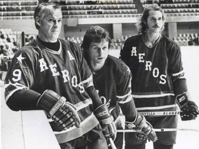 Gordie Howe (left) with sons Mark (centre) and Marty as members of the WHA's Houston Aeros in 1975.