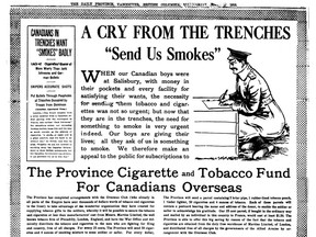 Ad in the Vancouver Province for The Province Cigarette and Tobacco Fund for Canadians Overseas in July, 1915. The fund asked newspaper readers to send in money to send cigarettes to soliders in the trenches in the First World War.