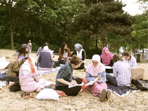 Mary Leighton, an organizer with the Dogwood Initiative, organized a language class where 10 Arabic speakers, some of them Syrian refugees, and 10 English speakers taught each other their respective languages. They are pictured at Andy Livingstone Park near Dr. Sun Yat-sen Chinese Garden.