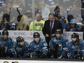 A sombre-looking San Jose Sharks bench, backstopped by head coach Peter DeBoer, as it sinks in that Game 4 of the Stanley Cup final has got away from them on Monday at the SAP Center in San Jose, Calif. The Pittsburgh Penguins won 3-1 to take a 3-1 series lead, and can wrap up the Stanley Cup with a victory at home in Game 5 on Thursday.