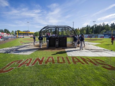 VANCOUVER,BC:JUNE 20, 2016 -- Everett AquaSox take batting practice at Nat Bailey Stadium prior to Northwest League baseball action against the Vancouver Canadians on opening night in Vancouver, BC, June, 20, 2016.