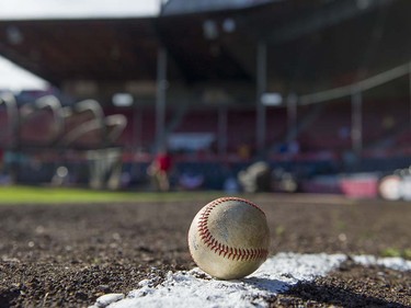 VANCOUVER,BC:JUNE 20, 2016 -- A baseball sits on the ground at Nat Bailey Stadium on opening night of Vancouver Canadians baseball as they take on the Everett AquaSox in Vancouver, BC, June, 20, 2016.