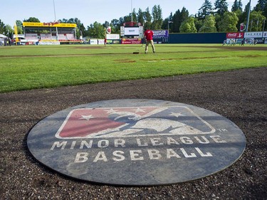 VANCOUVER,BC:JUNE 20, 2016 -- A member of the grounds works on the field at Nat Bailey Stadium prior to the home opening night of Northwest League baseball between the Vancouver Canadians and the Everett AquaSox in Vancouver, BC, June, 20, 2016.