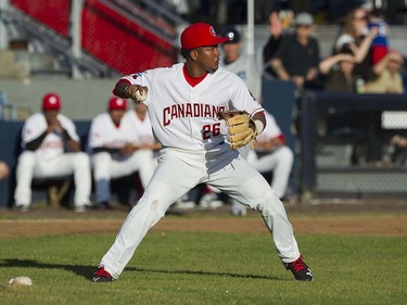 VANCOUVER,BC:JUNE 20, 2016 -- Vancouver Canadians Bryan Lizardo checks the runner at second during baseball action against the Everett AquaSox in Northwest League baseball action at Nat Bailey Stadium in Vancouver, BC, June, 20, 2016.