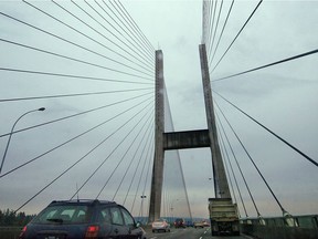 The Alex Fraser Bridge spans the Fraser River from Annacis Island to North Delta.