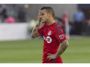 Toronto FC's Sebastian Giovinco reacts during first half Canadian Cup action against Vancouver Whitecaps in Toronto on Tuesday June 21, 2016.