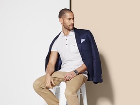 Summer pieces for men are versatile, meaning the pieces can easily be mixed and matched now -- and on into fall. The model wears a versatile work-to-weekend look from RW&Co.