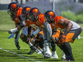 SURREY, BC: June 28, 2016 -- BC Lions offensive line during the team's practice at their facility in Surrey, B.C June 28, 2016.  (photo by Ric Ernst / PNG)  (Story by Cam Tucker)  TRAX #: 00043949A [PNG Merlin Archive]