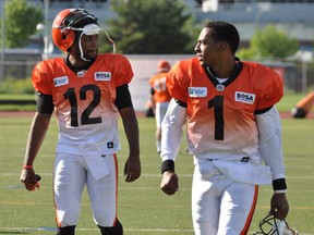 The B.C. Lions decided to keep Keith Price (left) as their third-string quarterback, releasing Greg McGhee (right) on Saturday. Photo courtesy of the B.C. Lions.