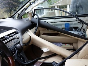 The interior of a vehicle believed damaged by a bear is shown in a handout photo from the West Vancouver Police.