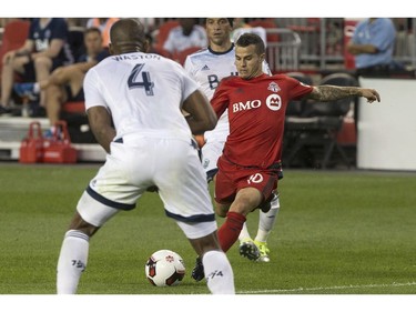 Toronto FC's Sebastian Giovinco (10) shoots at the Vancouver Whitecaps' goal during second half Canadian Cup action in Toronto on Tuesday June 21, 2016.
