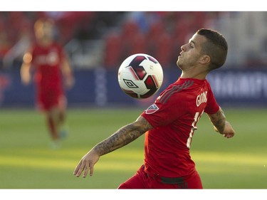 Toronto FC's Sebastian Giovinco brings the ball under control during first half Canadian Cup action against Vancouver Whitecaps in Toronto on Tuesday June 21, 2016.