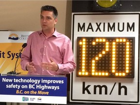 Transportation Minister Todd Stone announces activation of variable speed limit signs on three stretches of B.C. HIghway that are notorious for fast-changing weather conditions and crashes.