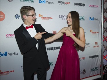 Sean Kyer (Odd Squad) with Katelyn Mager (Charlotte's Song)  on the red carpet at the 18th annual Leo Awards in downtown Vancouver on June 5, 2016. The Leos celebrate excellence in British Columbia Film and Television.