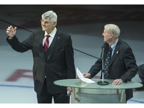 Prior to the Vancouver Canucks final regular-season game at Rogers Arena on Sunday, April 13, 2014, the team honoured the late Pat Quinn, left. He was named posthumously to the Hockey Hall of Fame on Monday.