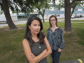 Kim Nowitsky (left) and Kelly Greene of Richmond Stands United in front of William Bridge Elementary.