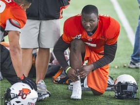 Receiver Lavelle Hawkins pictured during a B.C. Lions practice last season. 'I feel like I've done everything I can possibly do,' Hawkins says of his decision to retire from football and instead pursue a career as a firefighter in his hometown of Stockton, Calif. 'And so I just felt like it's time for somebody else to get an opportunity to do that.'