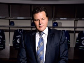 ‘With sports, once the game’s over, it’s over,’ Vancouver Canucks owner Francesco Aquilini, pictured recently in the NHL team’s dressing room, says of the immediate aftermath of his club’s Game 7 Stanley Cup final loss to the visiting Boston Bruins. ‘There’s a turning point where you go OK, I’ve got to move on.’