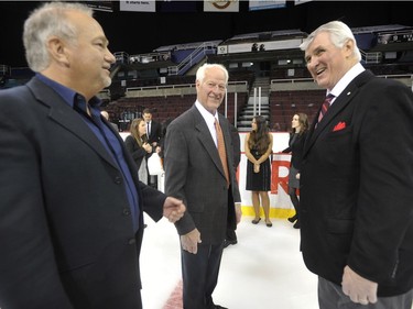 Ron Toigo, Gordie Howe and Pat Quinn prior to the Vancouver Giants team photo at the Pacific Coliseum in Vancouver on February 28, 2013.