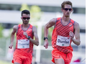 VANCOUVER June 17 2016.  Evan Dunfee ( R )  leads Ben Thorne ( L ) as they compete in the 5000m race walk at the Vancouver Sun Harry Jerome International Track Classic at Swanguard stadium Vancouver June 17 2016.( Gerry Kahrmann  /  PNG staff photo)   ( For Sun / Prov Sports ) 00043753A  [PNG Merlin Archive]