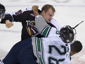 Dakota Odgers, left, had the third most fighting majors in the WHL in 2015-16, with 13; many of those involved sticking up for a teammate. — Gerry Kahrmann/PNG files