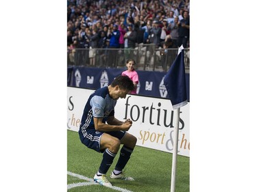 Whitecaps FC #11 Nicolas Mezquida celebrates his goal on the New England Revolution in a regular season MLS soccer game at BC Place, Vancouver June 18 2016.( Gerry Kahrmann  /  PNG staff photo)   ( For Sun / Prov Sports ) 00043798A [PNG Merlin Archive]