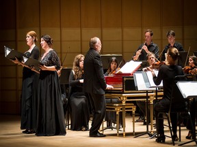 Mezzo Krisztina Szabó and soprano Yulia Van Doren with Alexander Weimann at the harpsichord during Bach Mass at the Chan Centre, which was part of the Vancouver Early Music Bach Festival.