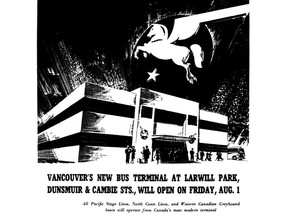 Aug. 1, 1947. Ad for the opening of a new bus depot at Larwill Park in Vancouver.