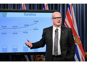 B.C. Finance Minister Mike de Jong speaks to media during the 2015-16 public accounts press conference at the legislature in Victoria on July 21, 2016. [PNG Merlin Archive]