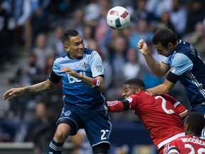 While coach Carl Robinson has been relatively sparing with playing time for veteran Blas Perez (left), he might be crucial to getting the Whitecaps out of their doldrums.