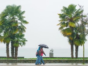 Braving the rain, strollers pass palm trees near the seawall at English Bay on Tuesday.