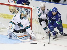 Brendan Gaunce tries a wrap-around against San Jose Sharks goalie Troy Grosenick a September 2015 NHL pre-season game at the Q Centre in Victoria. Gaunce, who has played two games this season with Vancouver, was called up from the AHL Utica Comets on Tuesday, March 1, 2016, one day after the NHL trade deadline.