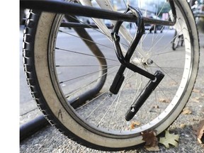 FILE — A broken bike lock is attached to a bicycle rack on Robson Street.