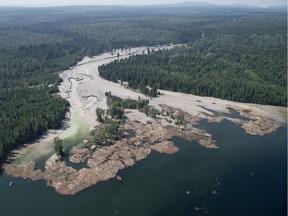 The federal government is moving to stay an advocacy group's private prosecution against the B.C. government and a mining company over the collapse of the Mount Polley tailings dam. Contents from a tailings pond is pictured going down the Hazeltine Creek into Quesnel Lake near the town of Likely, B.C. on August, 5, 2014. The owner of the Mount Polley mine in British Columbia's Interior has sued two engineering firms for damages over a disastrous dam collapse two years ago.