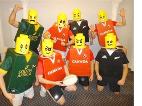 Eight of Steven Caldecott’s ‘Lego Men’ try on their gear in preparation for this weekend’s HSBC Canada Sevens tournament at BC Place Stadium.