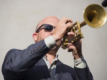 The trumpeter for  Lee Fields and the Expressions performs on the main stage at the 39th annual Folk Music festival Jericho Beach Vancouver, July 15 2016.