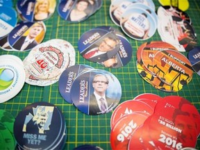 Political Buttons are seen at the Manning Centre Conference in Ottawa on February 26, 2016.