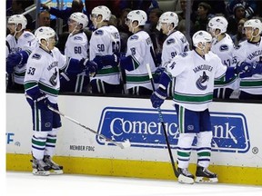 In the ‘garbage time’ of late season, when teams like the Vancouver Canucks are out of playoff contention, you have to hope that veterans like Alex Burrows (on the ice on the right, getting congratulated by teammates) and 20-year-old sophomores like Bo Horvat (left, behind Burrows) are finding positives and, in the case of young players, learing from their mistakes.