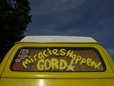 A VW bus harked across form the first concert of the Tragically Hip's final tour has a message for Lead Singer Gord Downie, Victoria, July 22 2016.