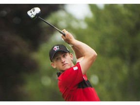 Jared du Toit of Canada tees off on the second hole during the final round at the 2016 Canadian Open in Oakville, Ont., on Sunday, July 24, 2016.